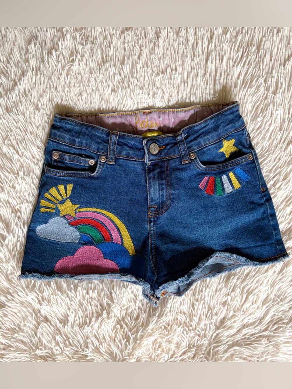 Mini Boden Star Rainbow Embroidered Jean Shorts•Size 10 - Picture 2 of 7